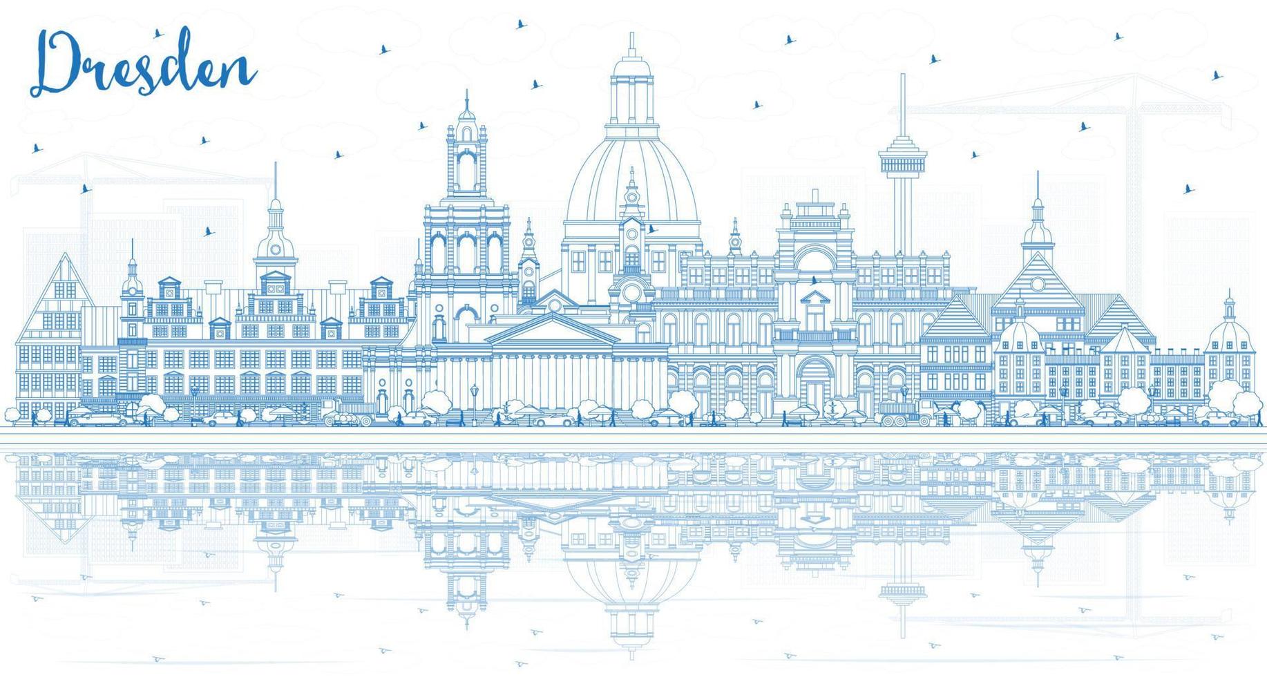 Outline Dresden Germany City Skyline with Blue Buildings and Reflections. vector