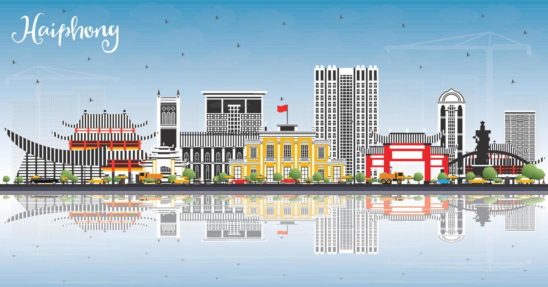 Haiphong Vietnam City Skyline with Gray Buildings, Blue Sky and Reflections. vector