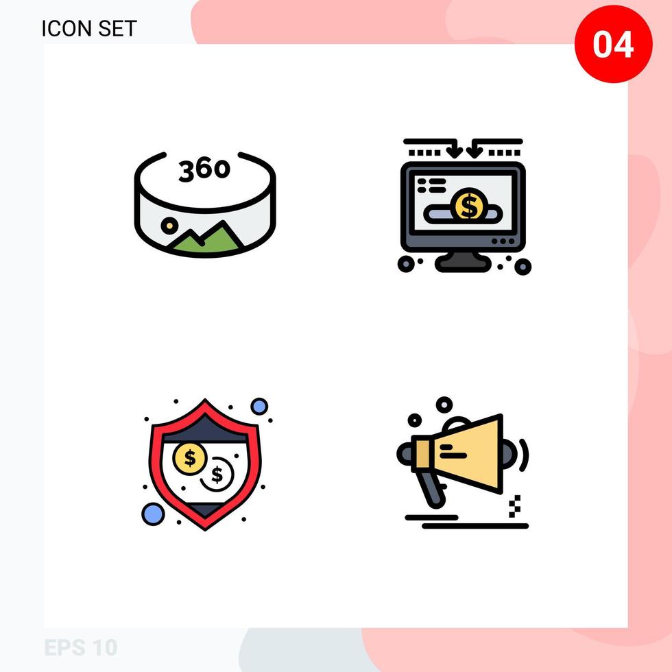 Mobile Interface Filledline Flat Color Set of 4 Pictograms of panorama advertising donation protection megaphone Editable Vector Design Elements