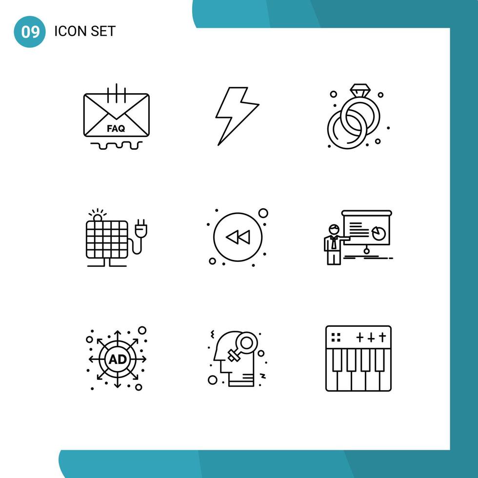 paquete de 9 signos y símbolos de contornos modernos para medios de impresión web, como elementos de diseño de vectores editables solares con conector de diamante de flecha de rebobinado