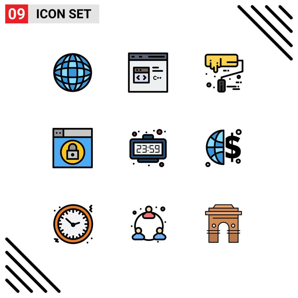 Universal Icon Symbols Group of 9 Modern Filledline Flat Colors of new year clock paint brush lock web Editable Vector Design Elements