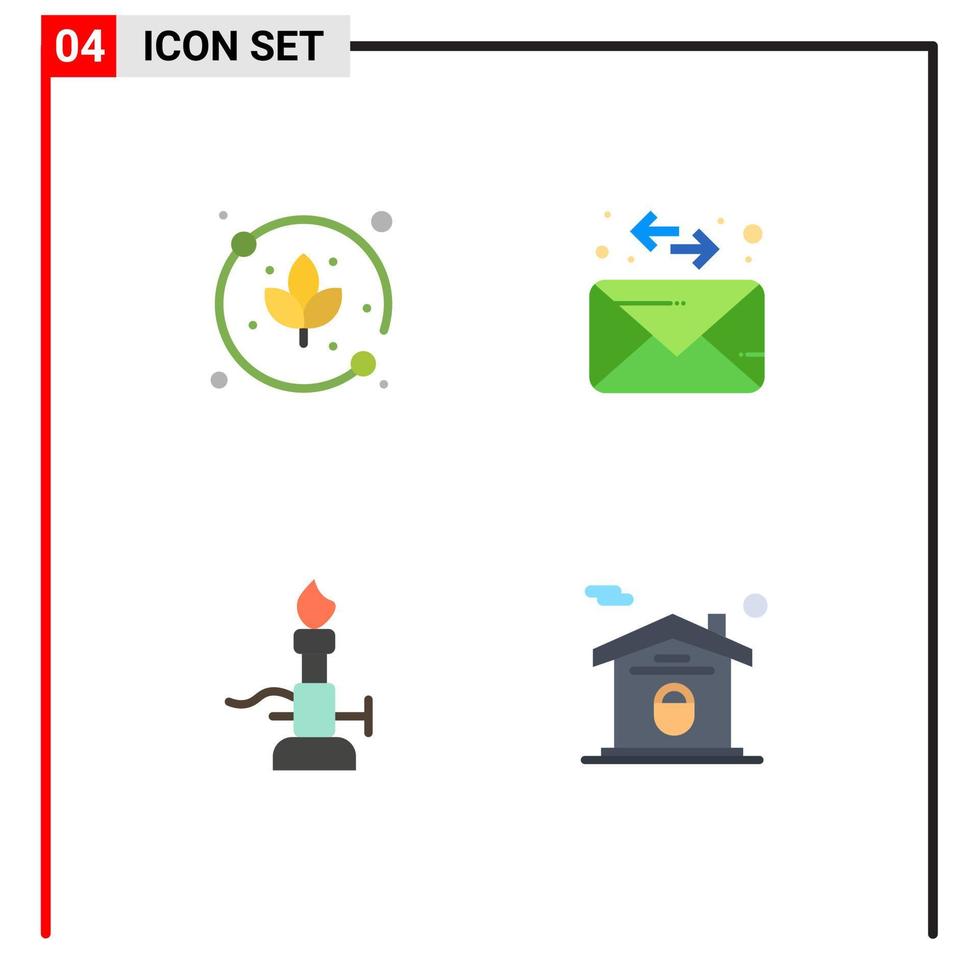 Group of 4 Flat Icons Signs and Symbols for leaf science envelope fire home Editable Vector Design Elements