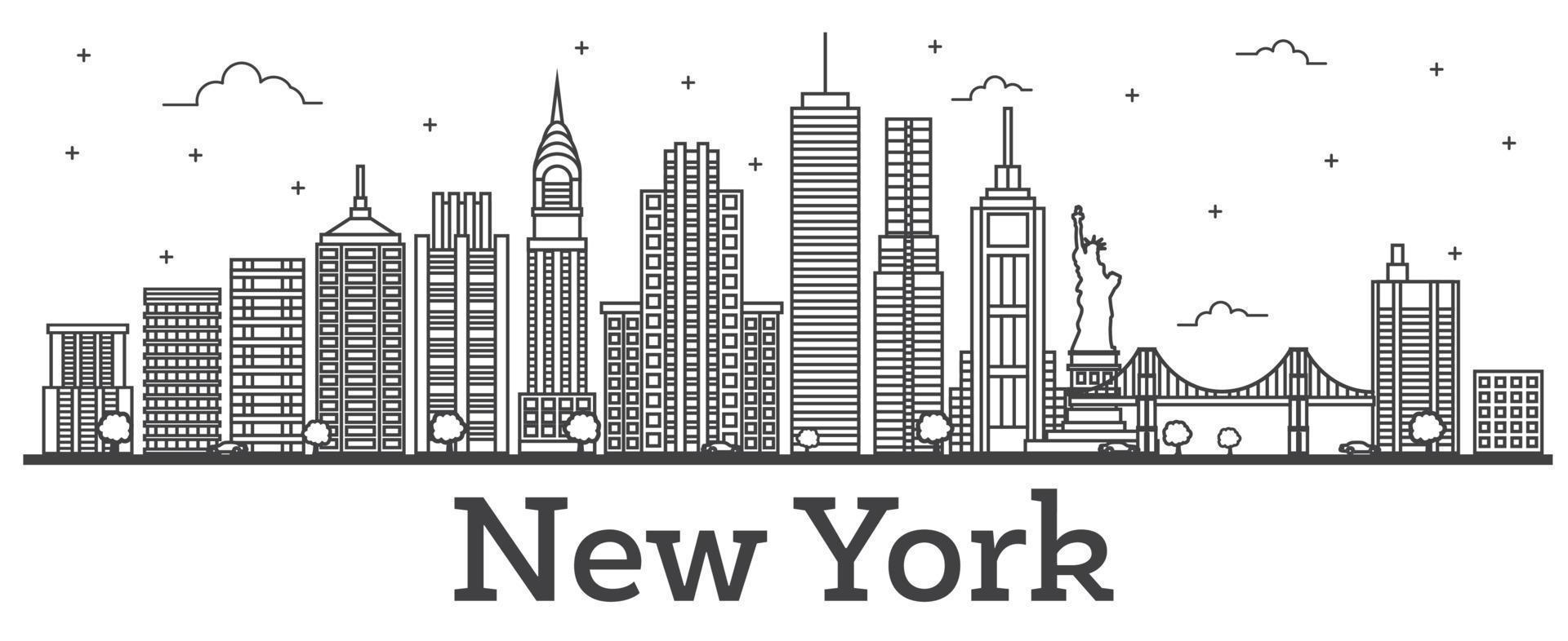Outline New York USA City Skyline with Modern Buildings Isolated on White. vector