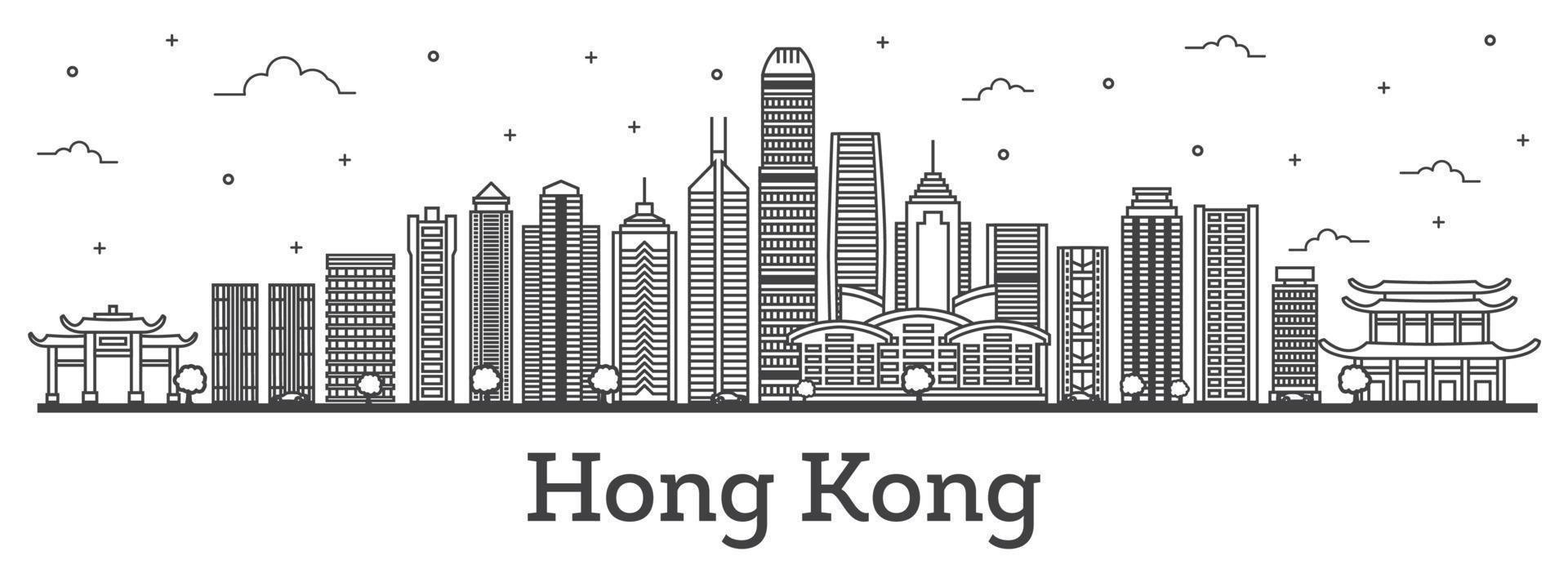 Outline Hong Kong China City Skyline with Modern Buildings Isolated on White. vector
