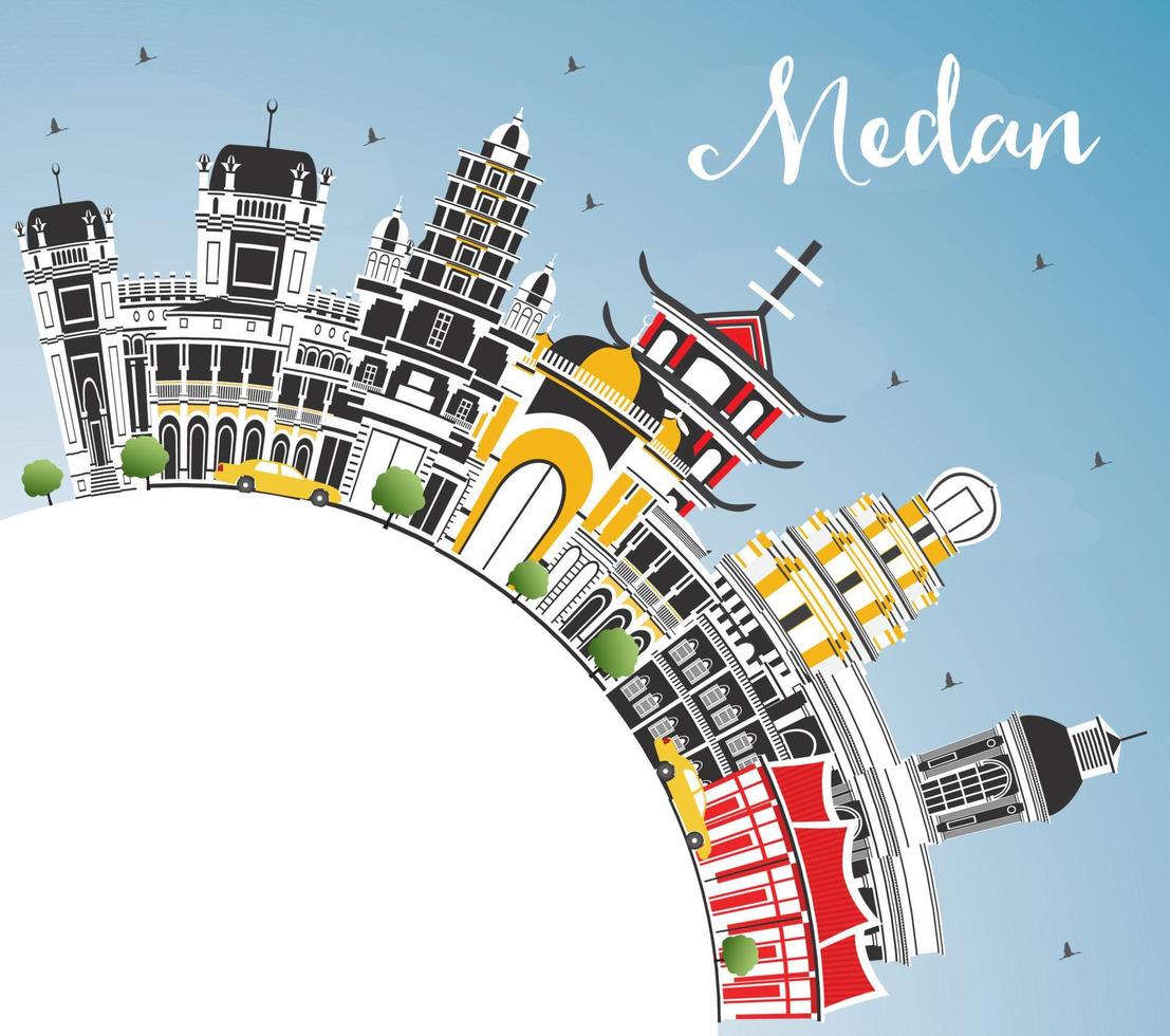 Medan Indonesia City Skyline with Color Buildings, Blue Sky and Copy Space. vector