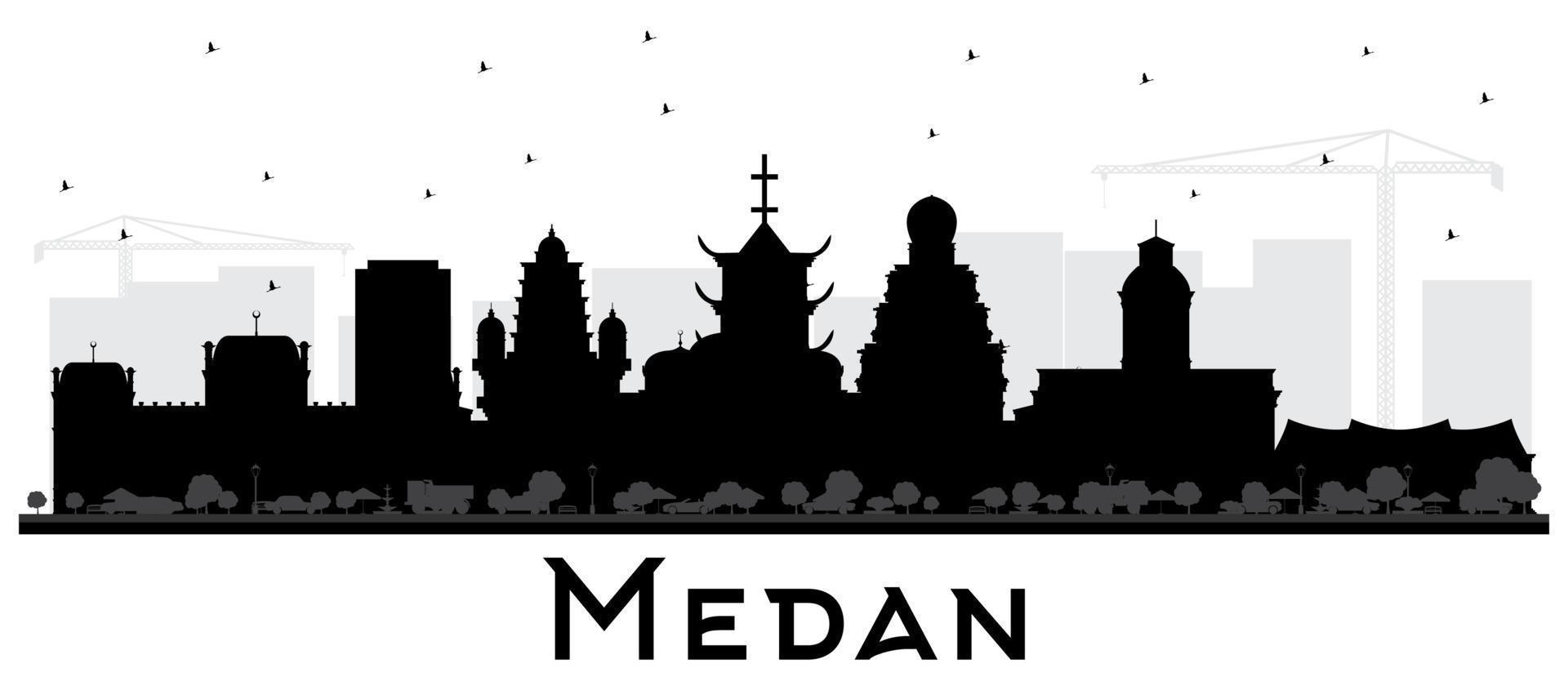 Medan Indonesia City Skyline Silhouette with Black Buildings Isolated on White. vector