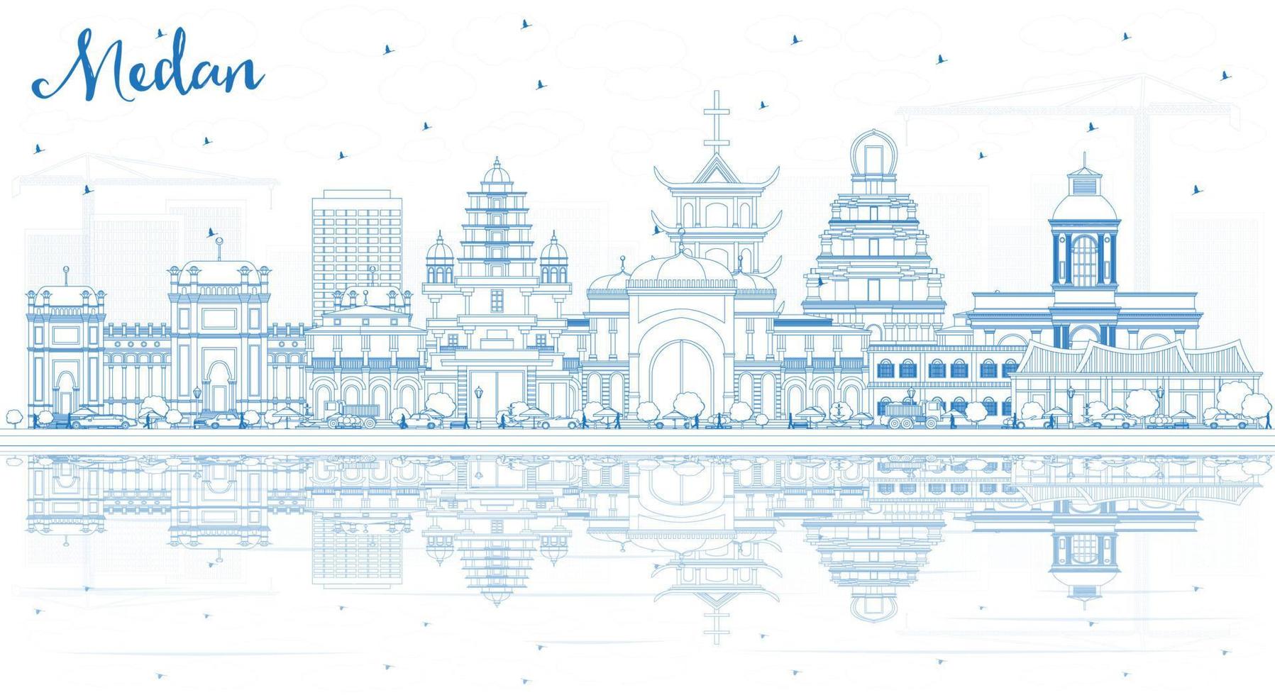 Outline Medan Indonesia City Skyline with Blue Buildings and Reflections. vector