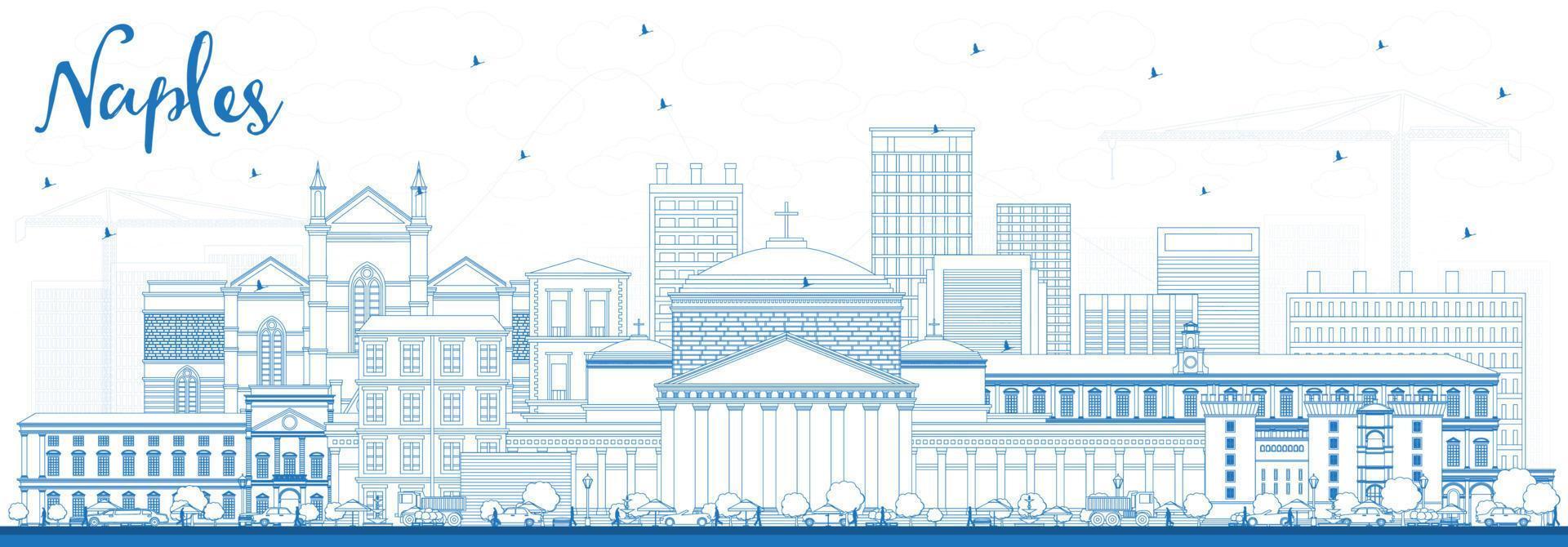 delinear el horizonte de la ciudad de nápoles, italia, con edificios azules. vector