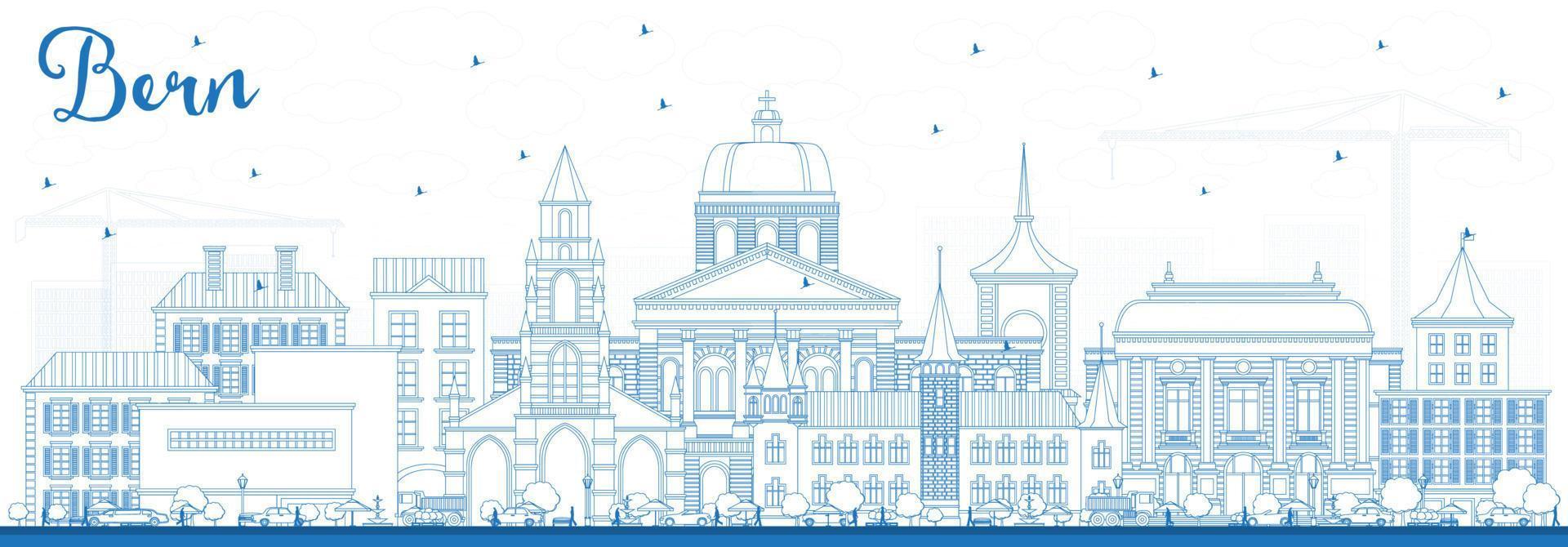 Outline Bern Switzerland City Skyline with Blue Buildings. vector