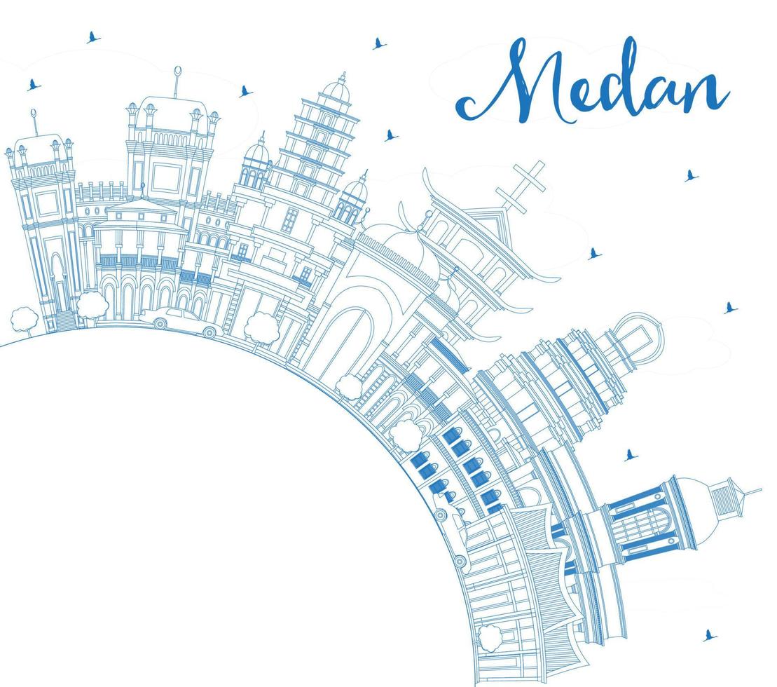Outline Medan Indonesia City Skyline with Blue Buildings and Copy Space. vector