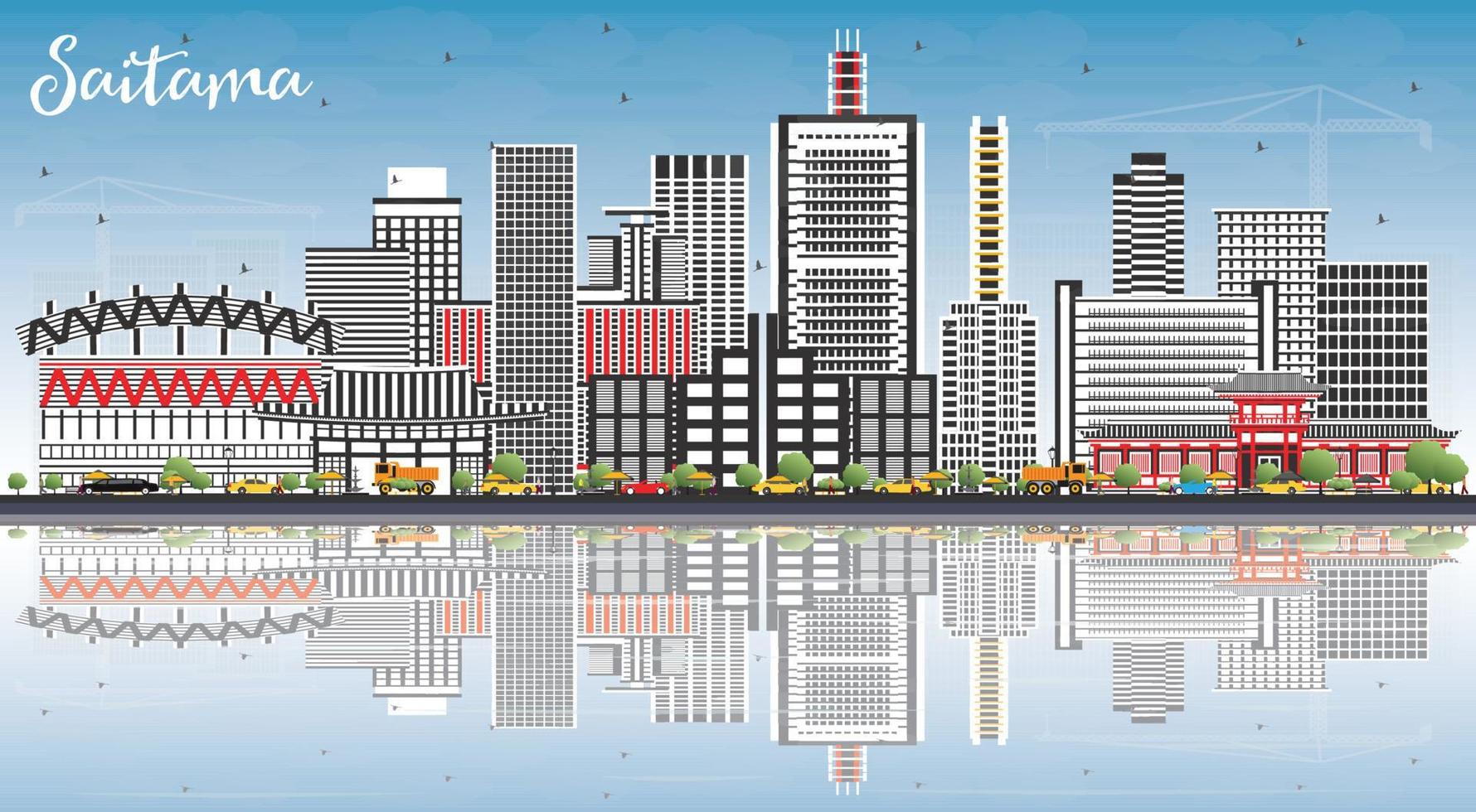 Saitama Japan City Skyline with Color Buildings, Blue Sky and Reflections. vector