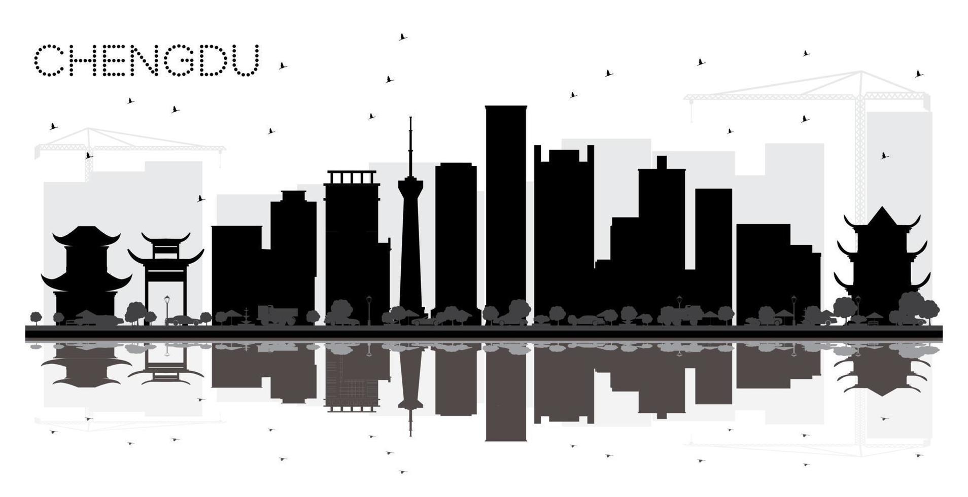 silueta en blanco y negro del horizonte de la ciudad de chengdu china con reflejos. vector