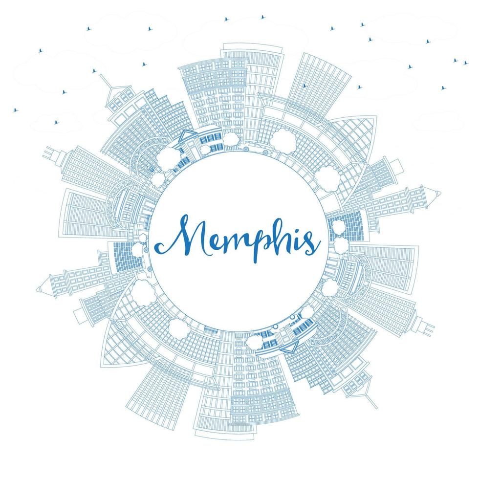 Outline Memphis USA City Skyline with Blue Buildings and Copy Space. vector