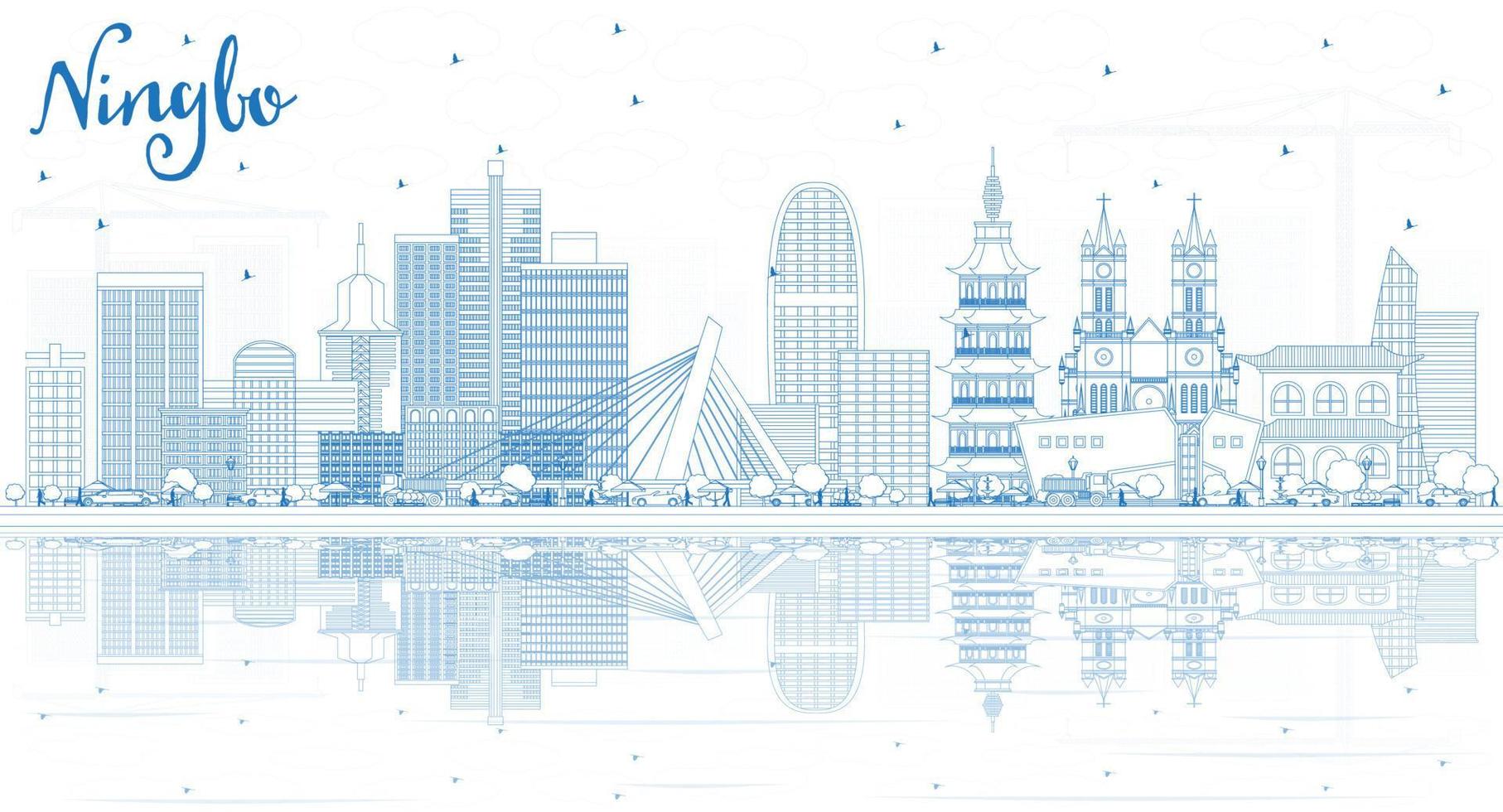 Outline Ningbo China City Skyline with Blue Buildings and Reflections. vector