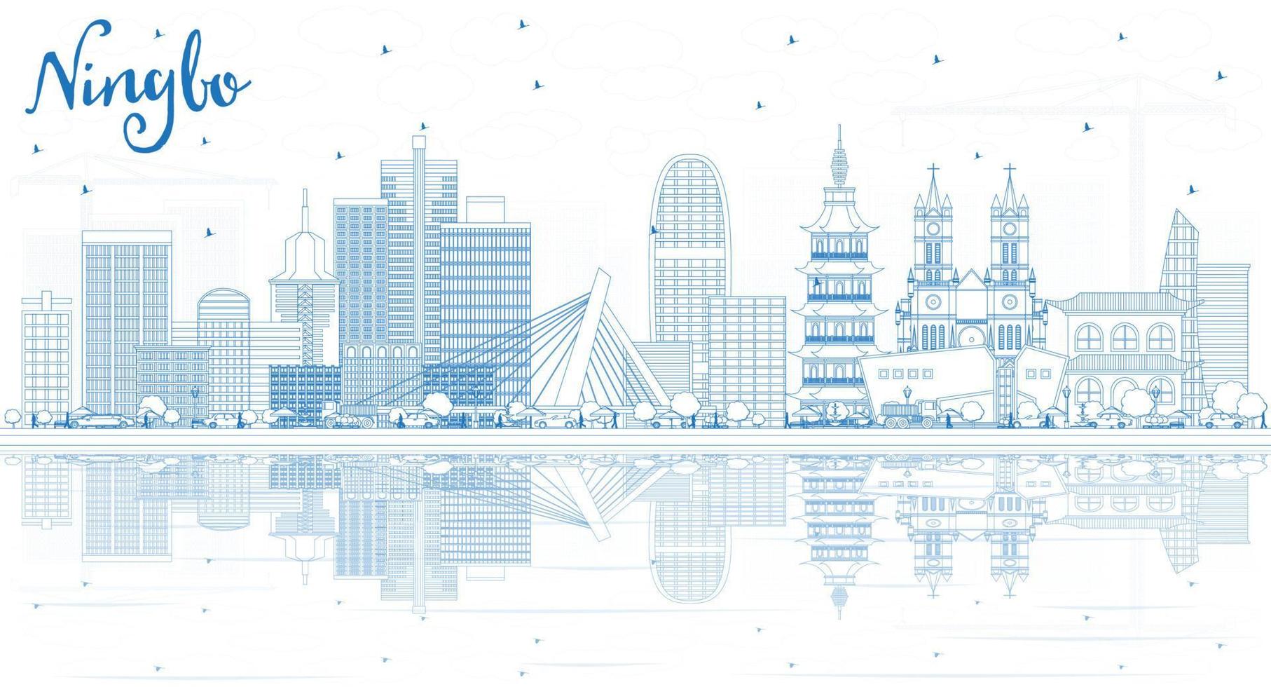 delinear el horizonte de la ciudad de ningbo china con edificios azules y reflejos. vector