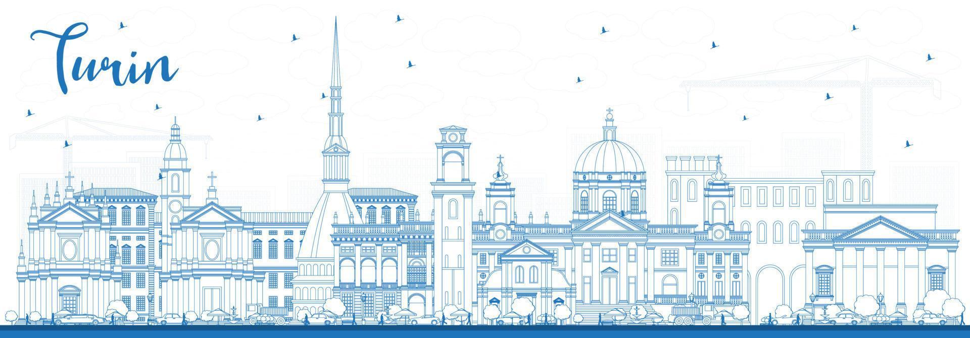 Outline Turin Italy City Skyline with Blue Buildings. vector