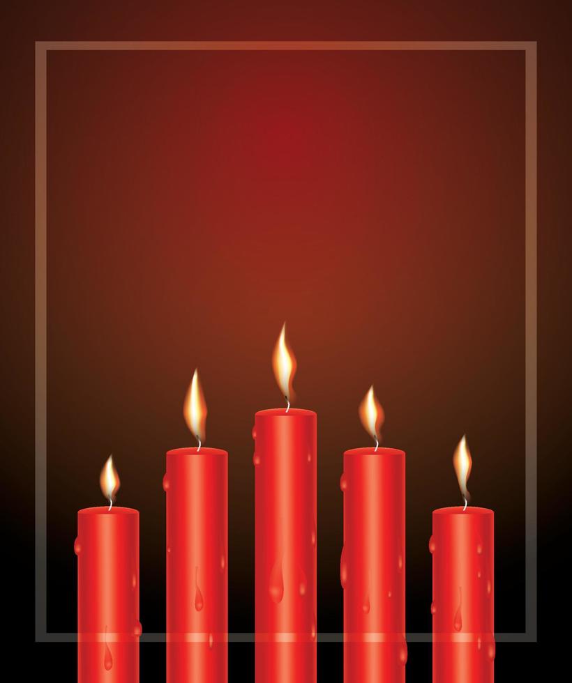 Realistic Red Glowing Candles with Melted Wax and Frame. vector