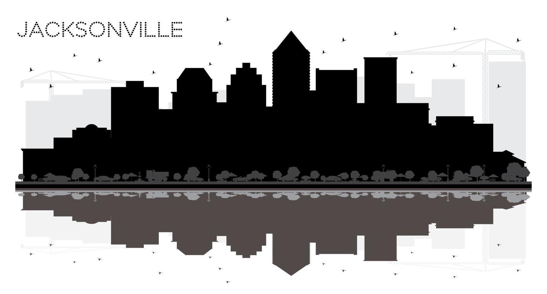 Jacksonville Florida City skyline black and white silhouette with Reflections. vector