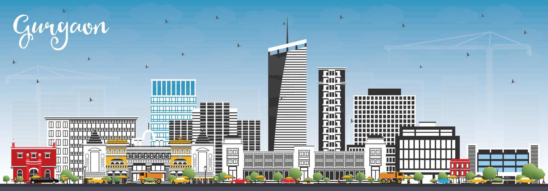 Gurgaon India City Skyline with Gray Buildings and Blue Sky. vector