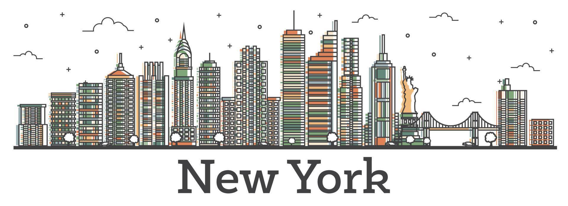 Outline New York USA City Skyline with Color Buildings Isolated on White. vector