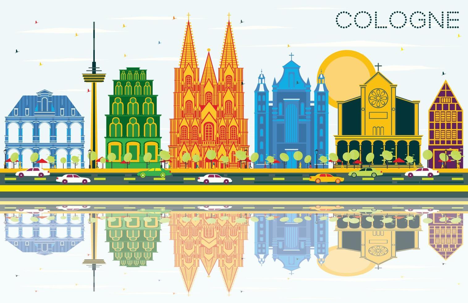 Cologne Germany City Skyline with Color Buildings, Blue Sky and Reflections. vector