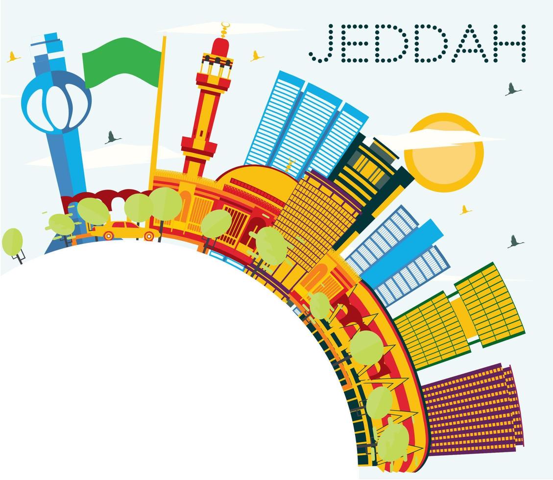 Jeddah Saudi Arabia City Skyline with Color Buildings, Blue Sky and Copy Space. vector