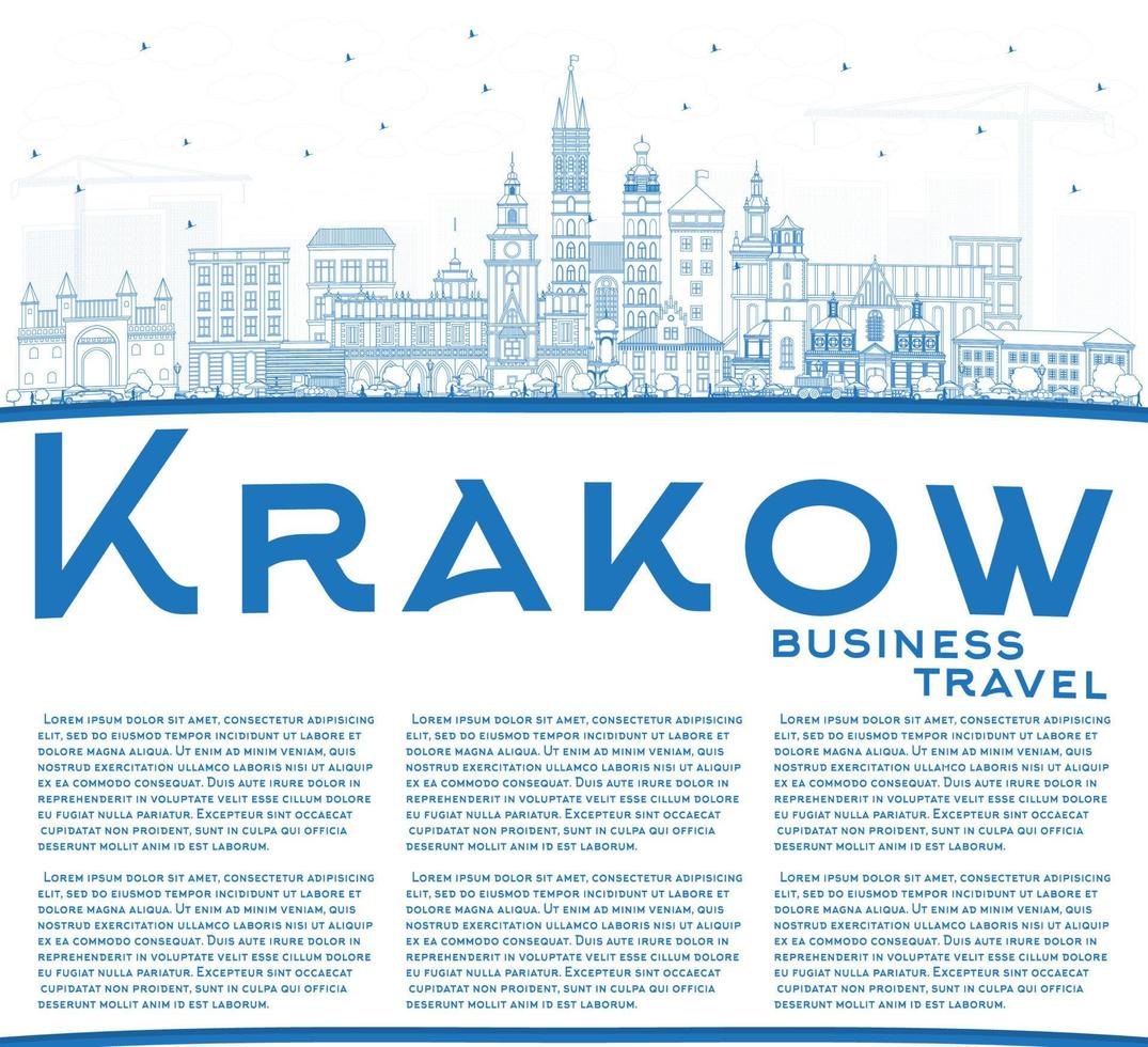 Outline Krakow Poland City Skyline with Blue Buildings and Copy Space. vector