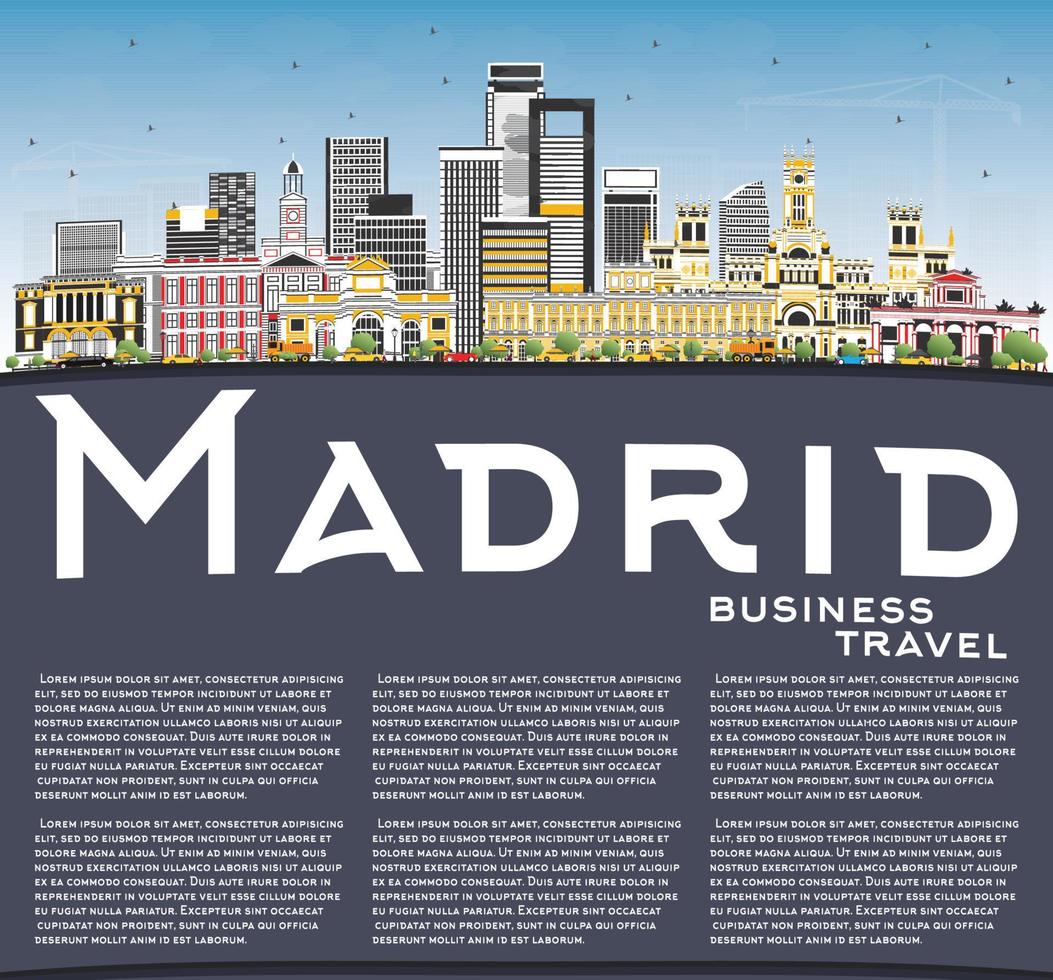 Madrid Spain City Skyline with Gray Buildings, Blue Sky and Copy Space. vector