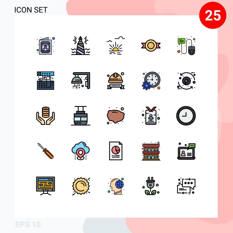 Mobile Interface Filled line Flat Color Set of 25 Pictograms of cursor chat sun sticker label Editable Vector Design Elements