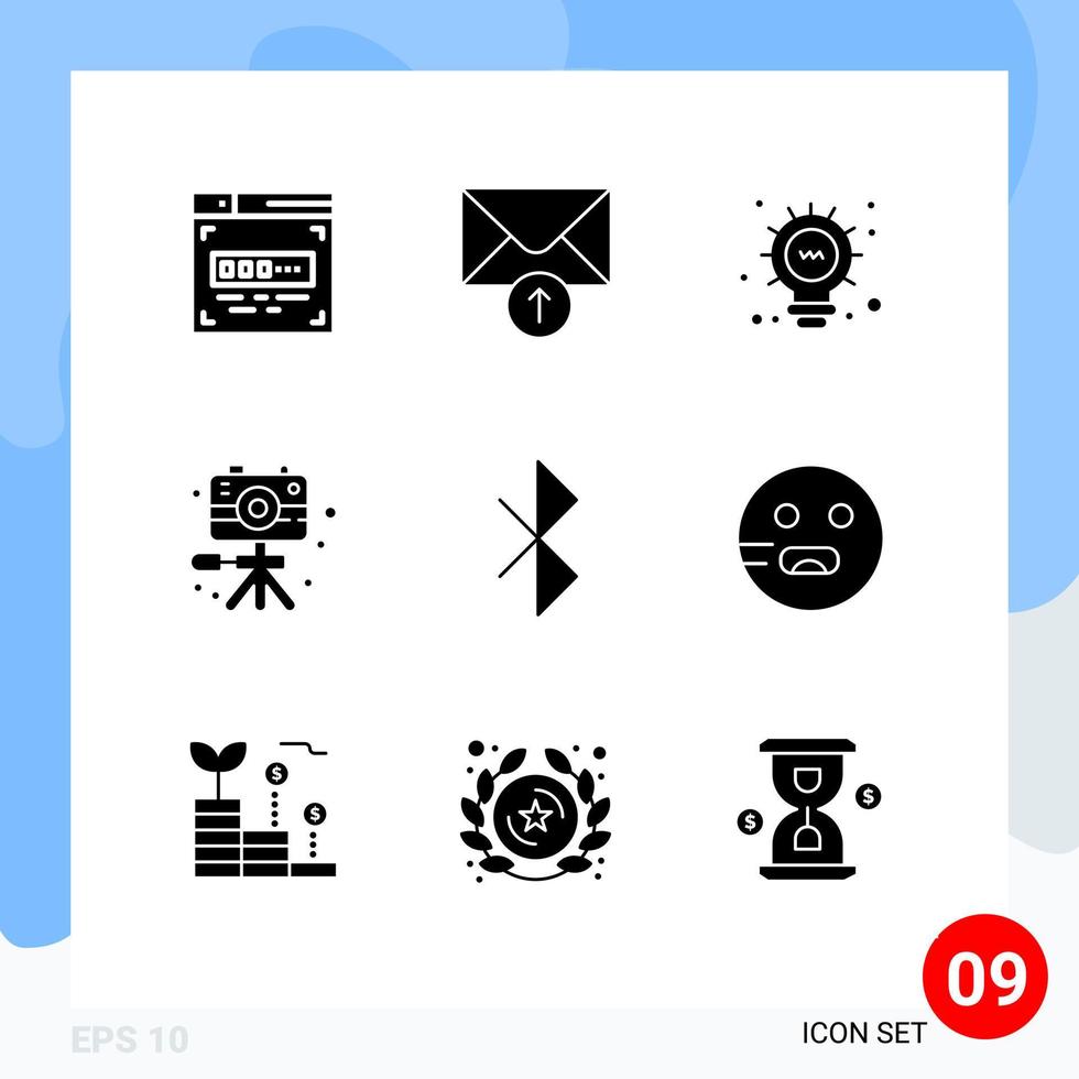 Mobile Interface Solid Glyph Set of 9 Pictograms of emot signal bulb connection hobby Editable Vector Design Elements