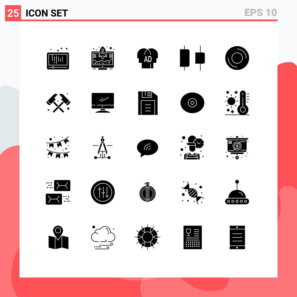 Set of 25 Vector Solid Glyphs on Grid for devices horizontal rocket distribute brian Editable Vector Design Elements