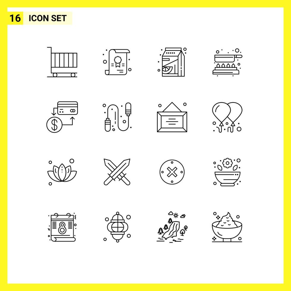 Group of 16 Modern Outlines Set for card fry fruit pan cook Editable Vector Design Elements