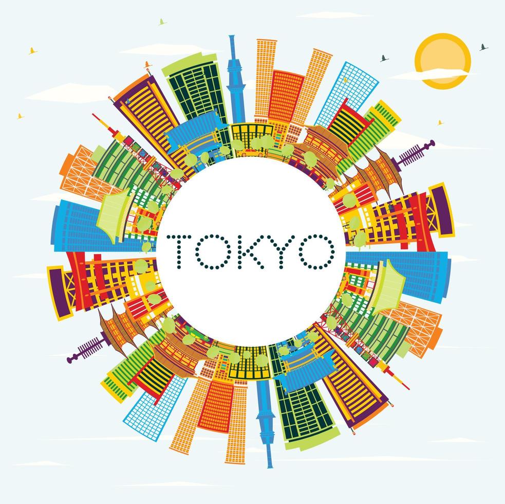 Tokyo Japan City Skyline with Color Buildings, Blue Sky and Copy Space. vector