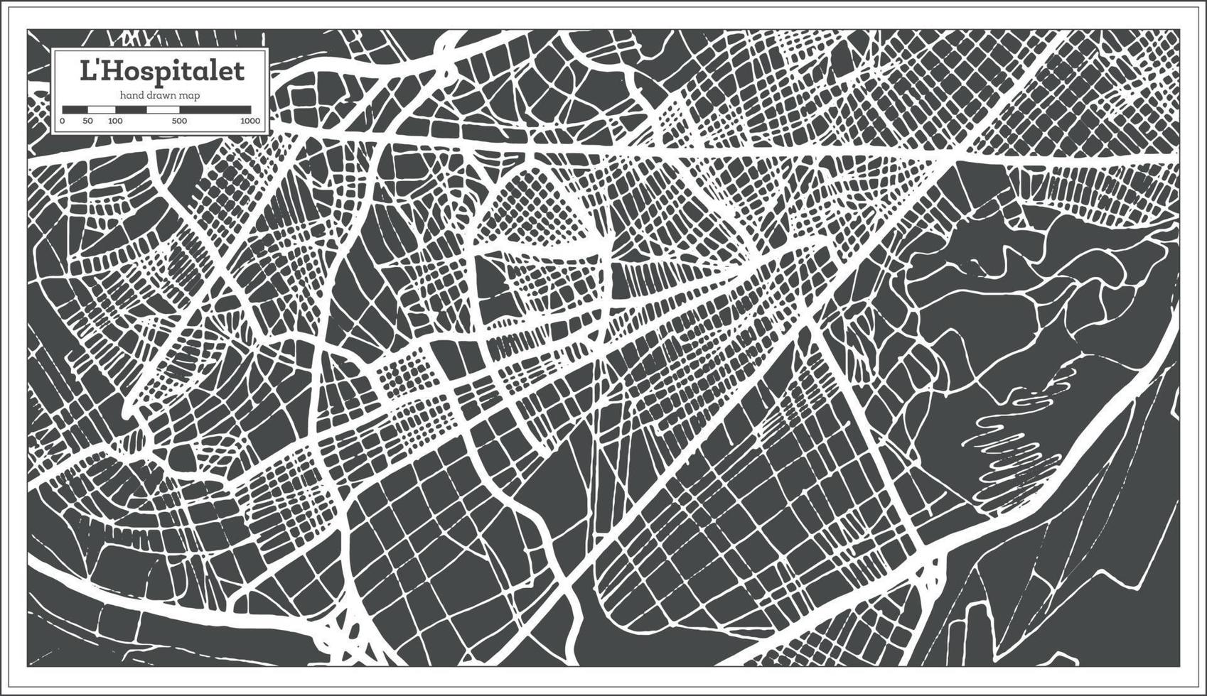 Mapa de la ciudad de l'hospitalet españa en estilo retro. esquema del mapa. vector