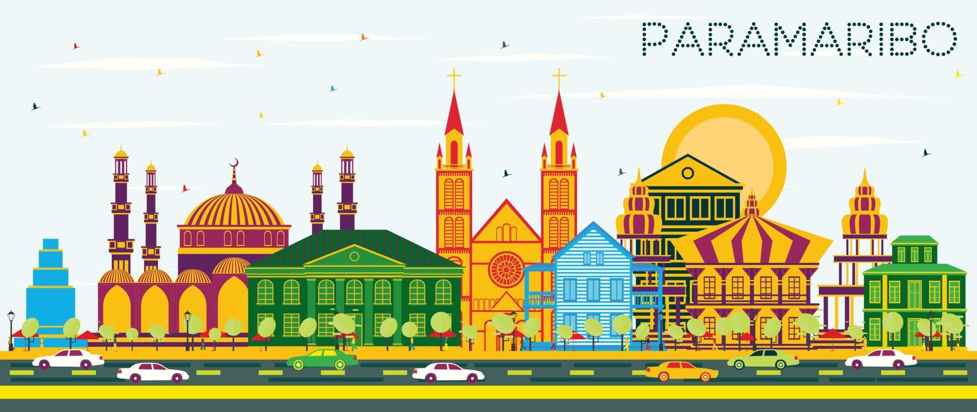 Paramaribo Suriname City Skyline with Color Buildings and Blue Sky. vector