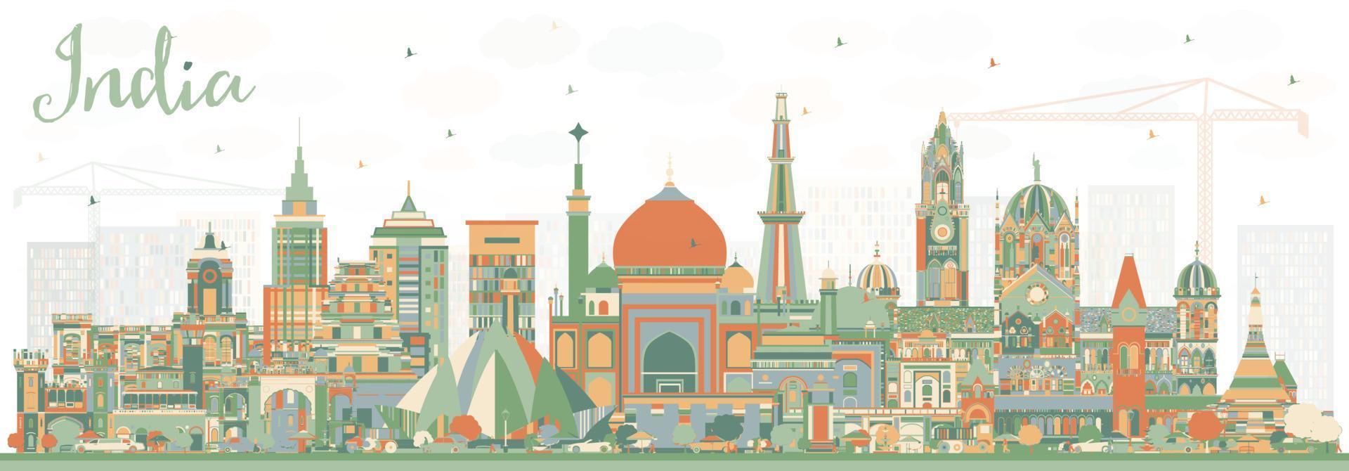 India City Skyline with Color Buildings. Delhi. Mumbai, Bangalore, Chennai. vector