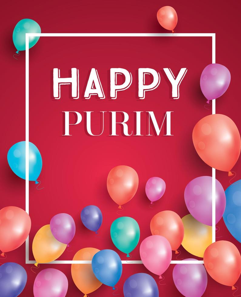 Happy Purim Holiday Card with Air Balloon on Red Background. vector