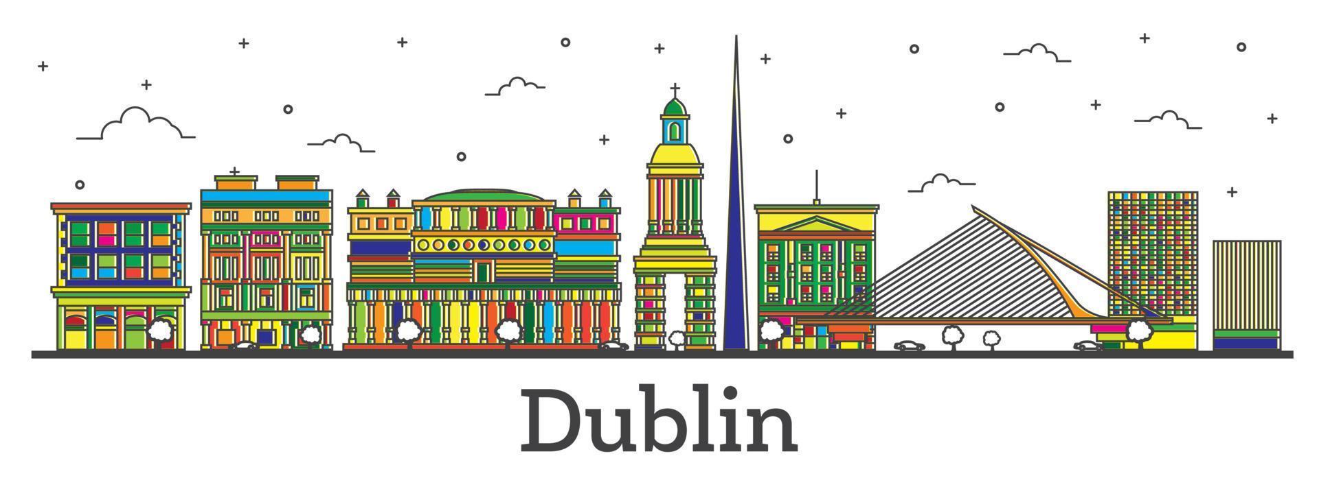 delinear el horizonte de la ciudad de dublín irlanda con edificios de color aislados en blanco. vector