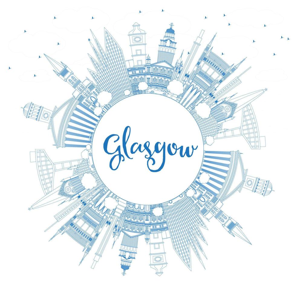 Outline Glasgow Scotland City Skyline with Blue Buildings and Copy Space. vector