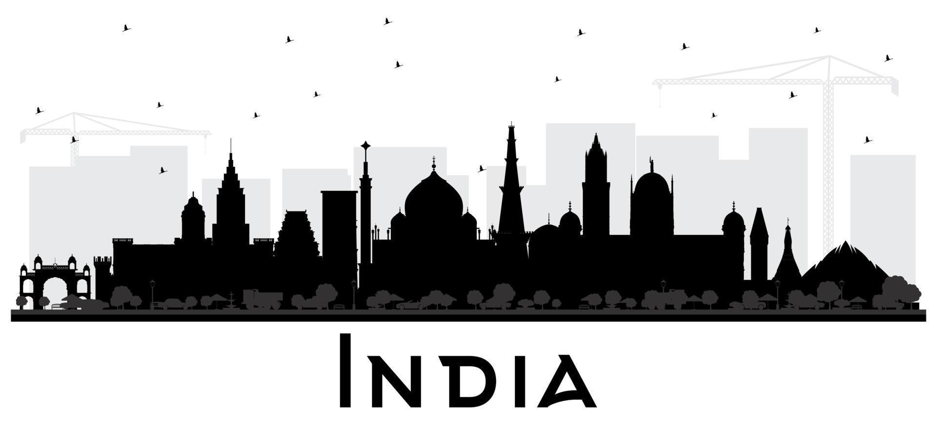 silueta del horizonte de la ciudad india con edificios negros aislados en blanco. vector