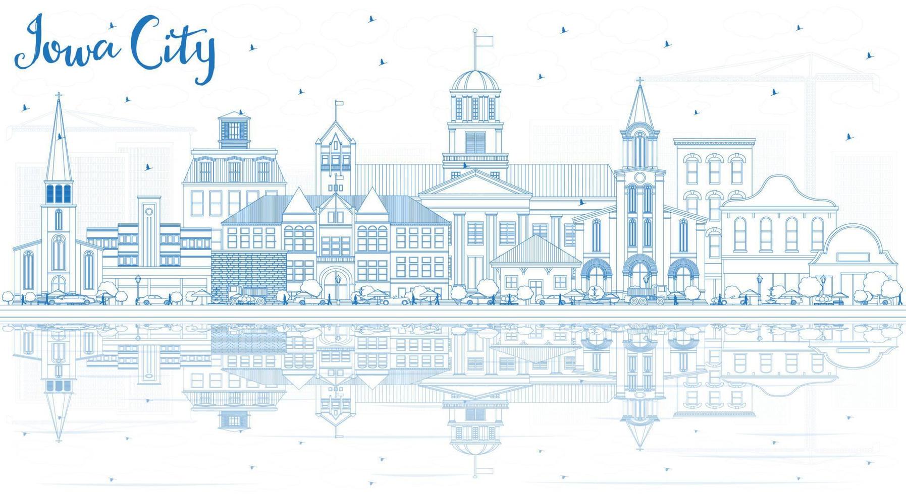 Outline Iowa City Skyline with Blue Buildings and Reflections. vector