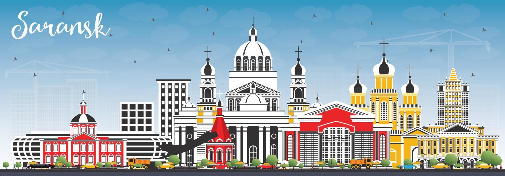 Saransk Russia City Skyline with Color Buildings and Blue Sky. vector