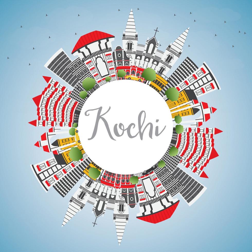 horizonte de la ciudad de kochi india con edificios de color, cielo azul y espacio para copiar. vector