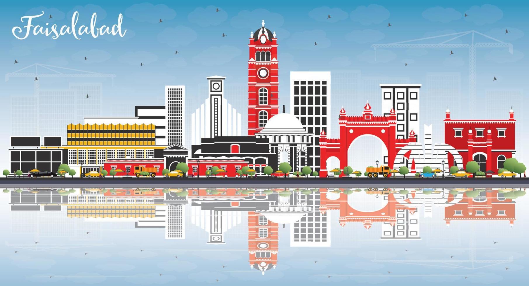 Faisalabad Pakistan City Skyline with Gray Buildings, Blue Sky and Reflections. vector