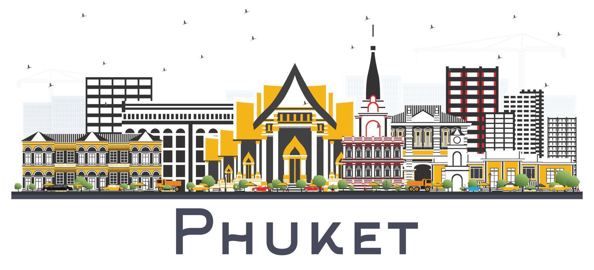 horizonte de la ciudad de phuket tailandia con edificios de color aislados en blanco. vector