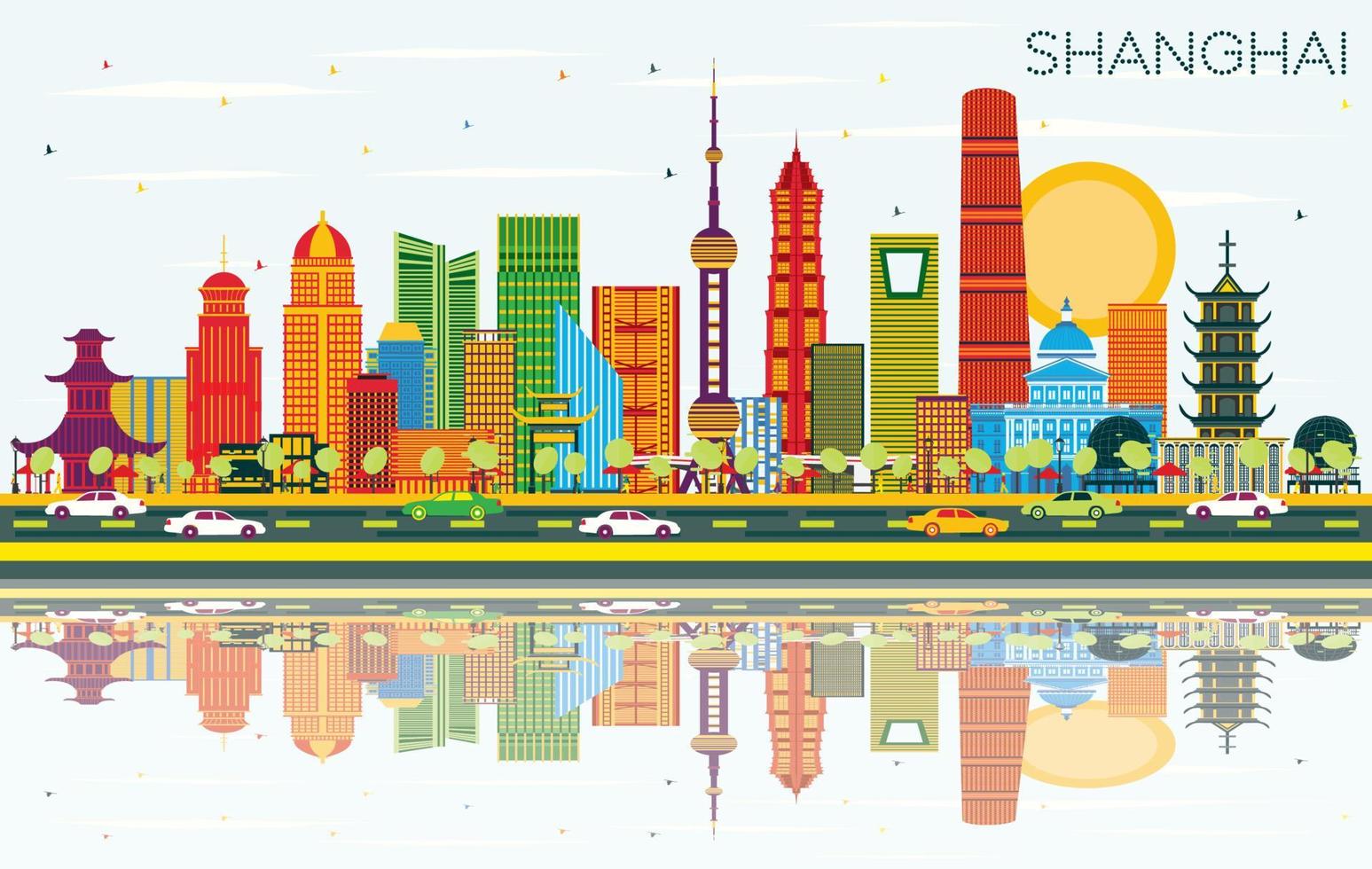 Shanghai China City Skyline with Color Buildings, Blue Sky and Reflections. vector