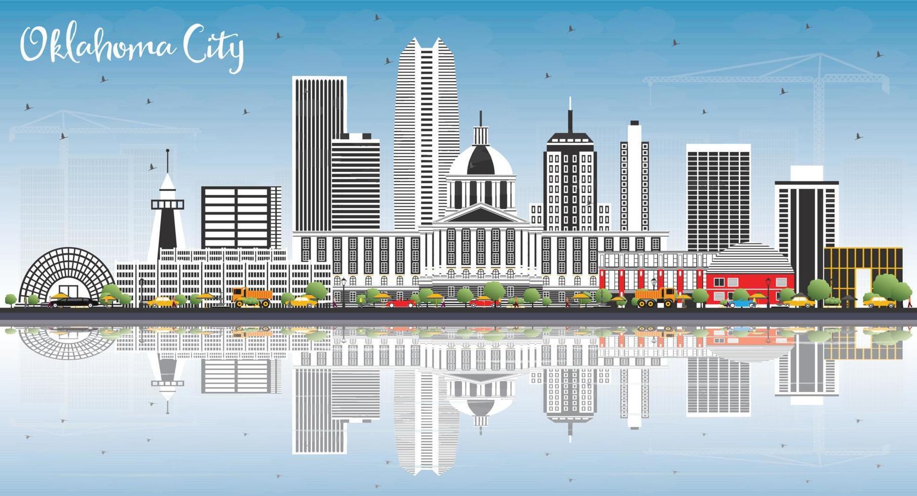 horizonte de la ciudad de oklahoma con edificios grises, cielo azul y reflejos. vector