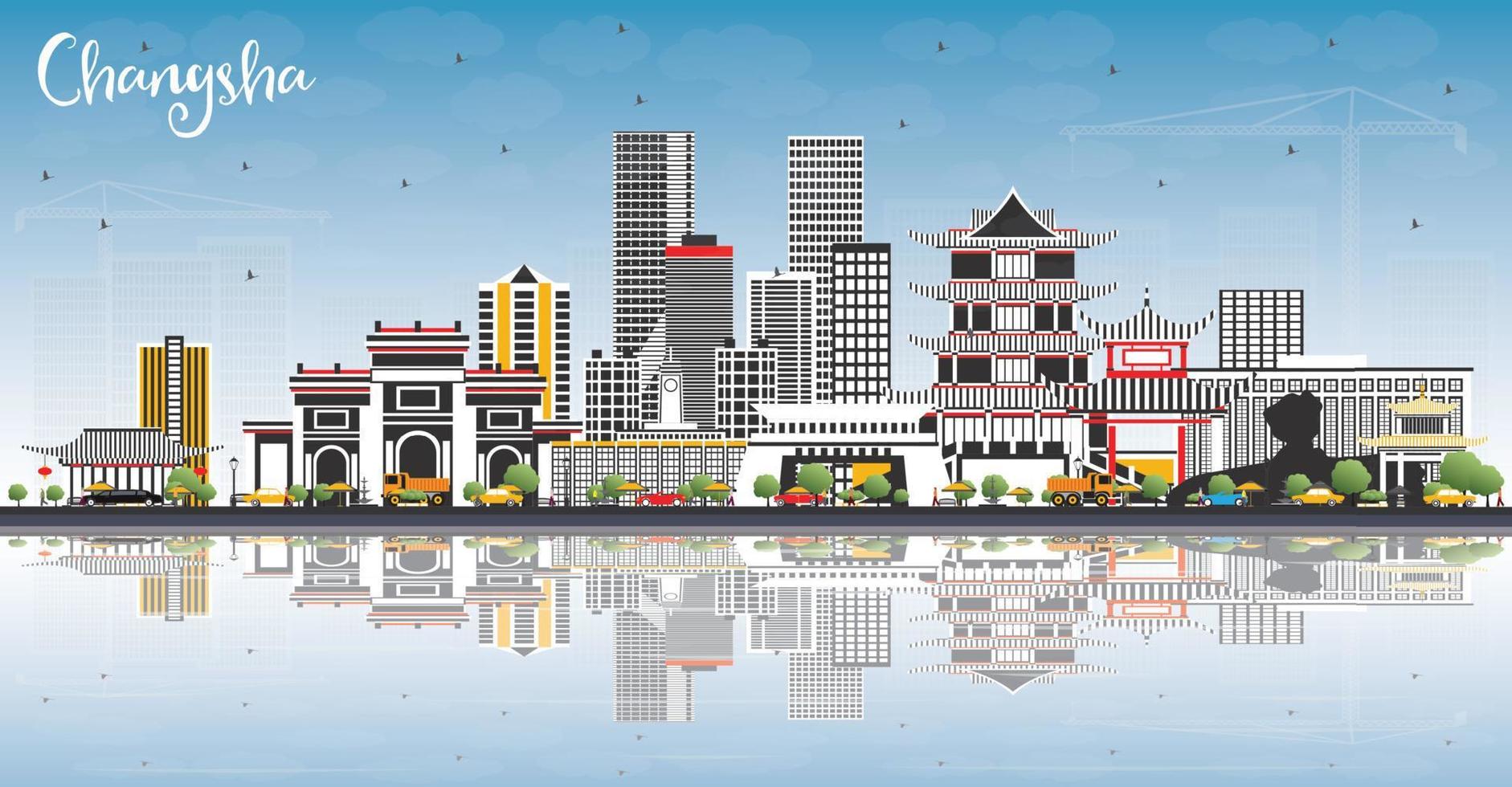 Changsha China City Skyline with Gray Buildings, Blue Sky and Reflections. vector