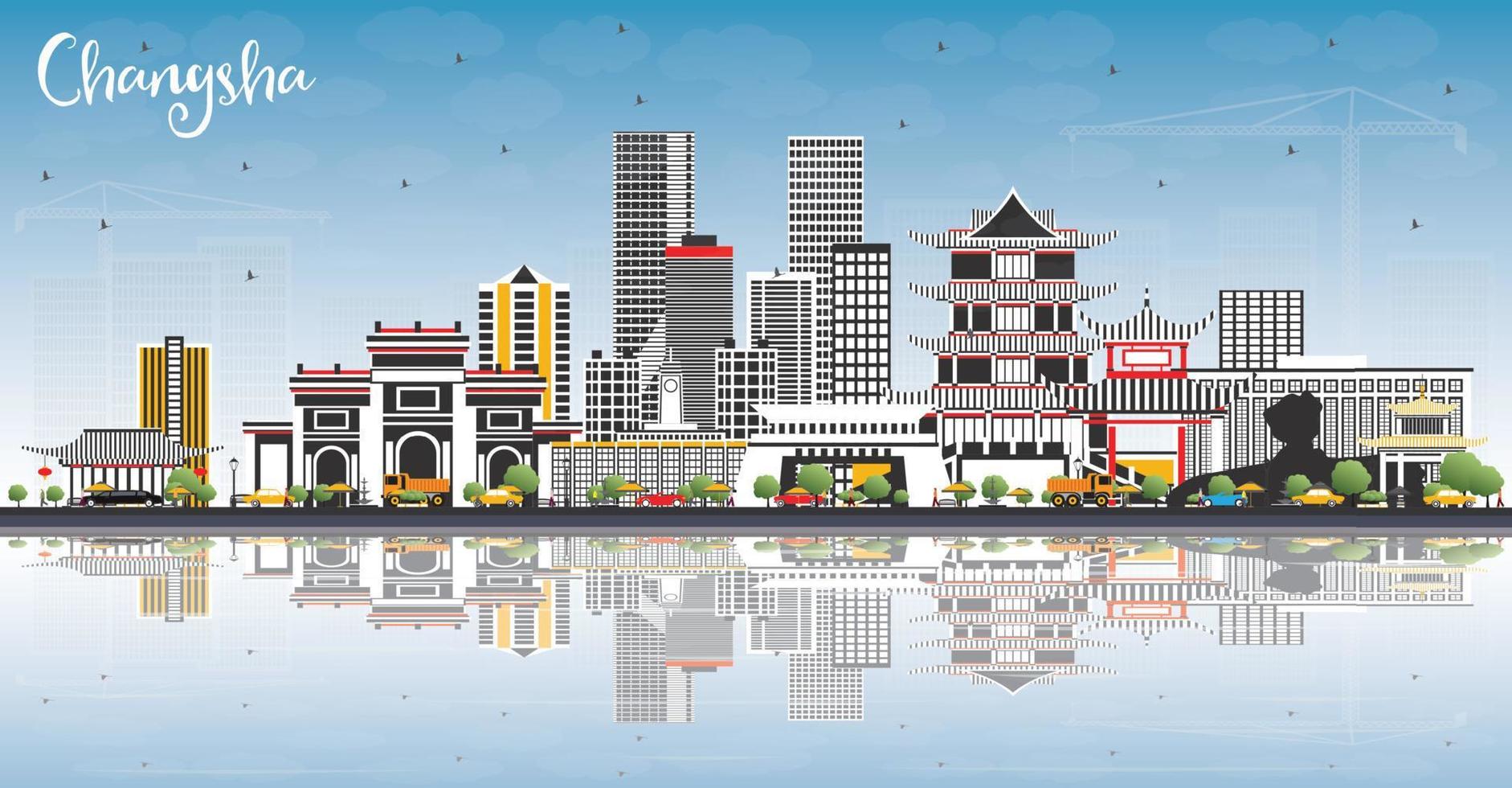 el horizonte de la ciudad china de changsha con edificios grises, cielo azul y reflejos. vector