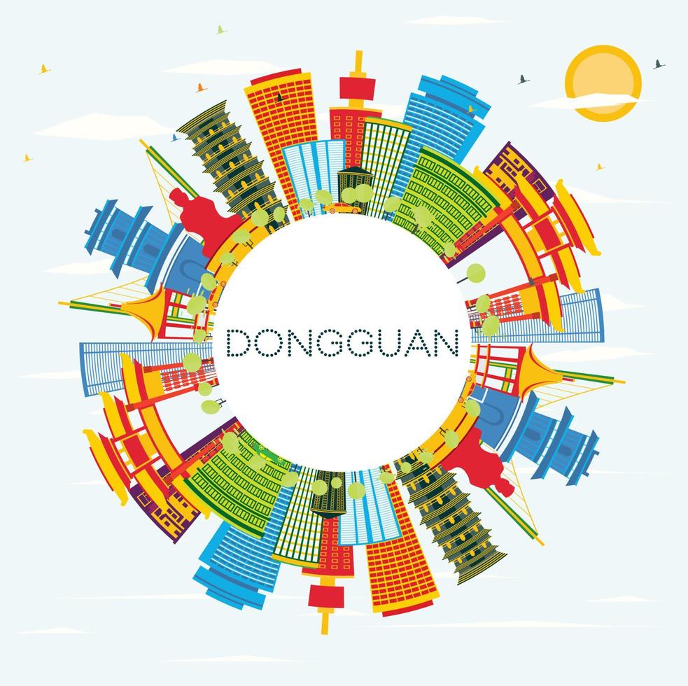 horizonte de la ciudad de dongguan china con edificios de color, cielo azul y espacio de copia. vector